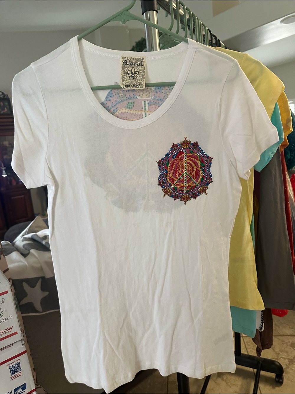Vocal White Short Sleeve Tee with Multicolor Embellished 
Sizes: Small-XL